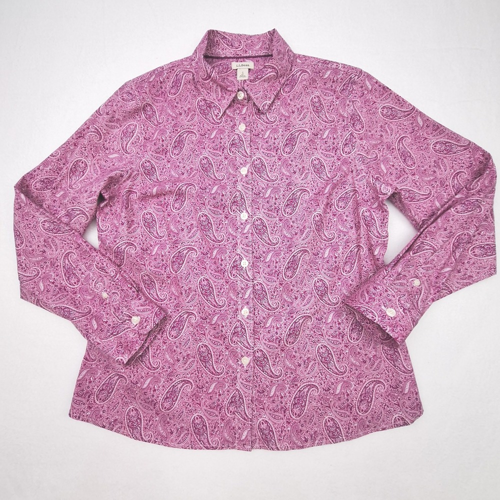 LL Bean Button Down Womens Small Petite Pink Paisley Cotton Stretch 291746